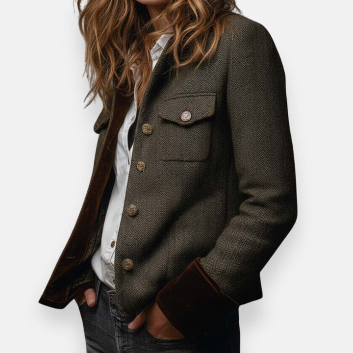 Mia | Women's Herringbone Tweed Utility Quilted Jacket Gold Buttons