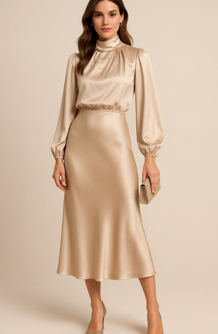 Charlotte | Women's High-Waist Mock-Neck Satin Balloon-Sleeve Midi Dress