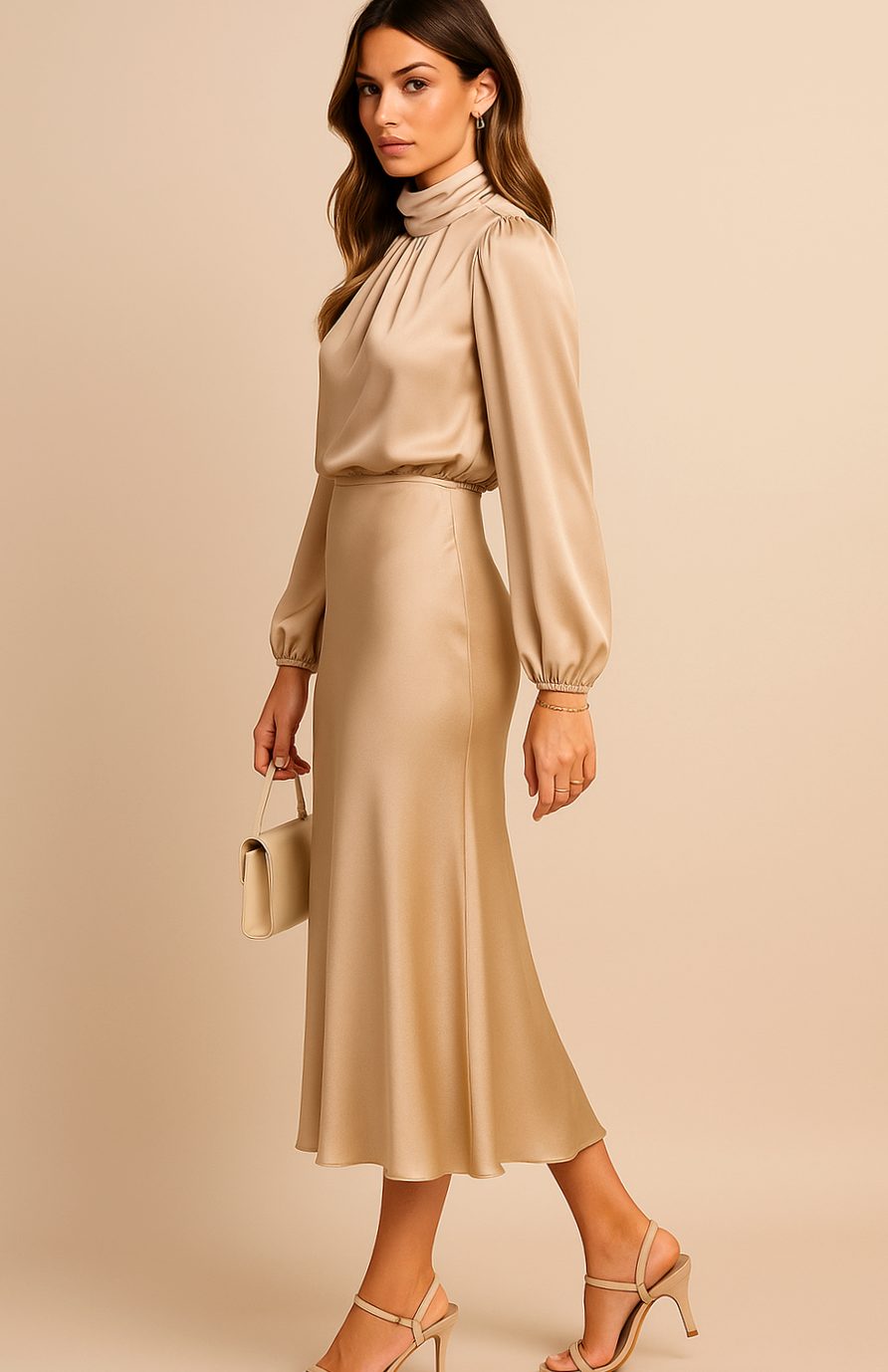 Charlotte | Women's High-Waist Mock-Neck Satin Balloon-Sleeve Midi Dress