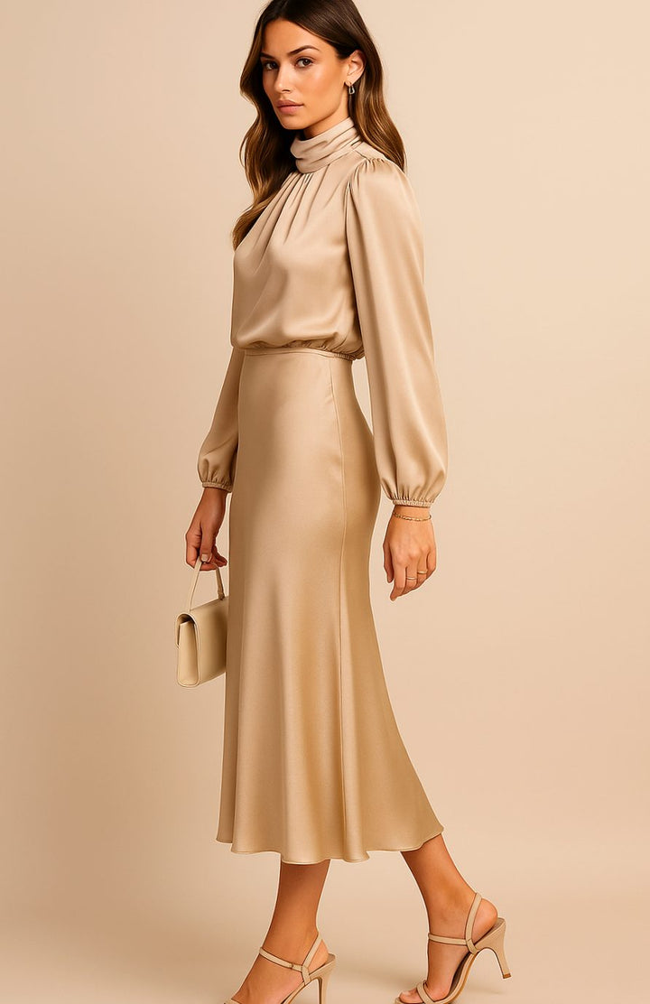 Charlotte | Women's High-Waist Mock-Neck Satin Balloon-Sleeve Midi Dress