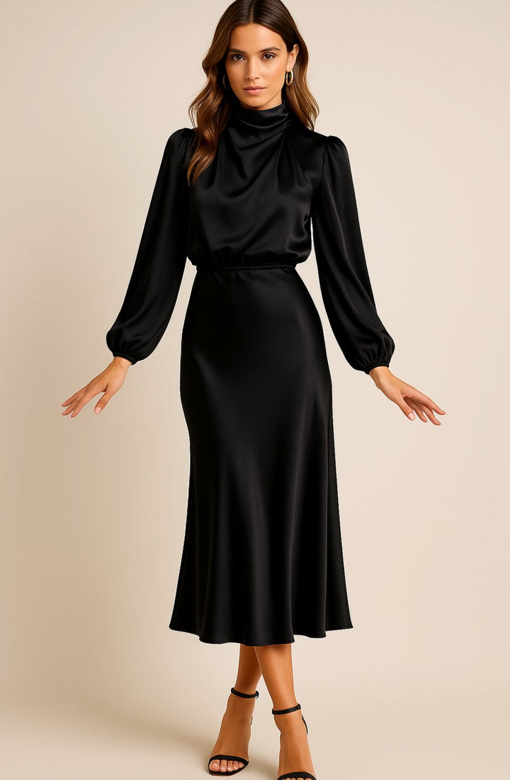 Charlotte | Women's High-Waist Mock-Neck Satin Balloon-Sleeve Midi Dress