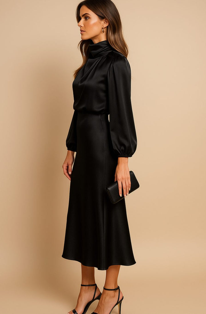 Charlotte | Women's High-Waist Mock-Neck Satin Balloon-Sleeve Midi Dress
