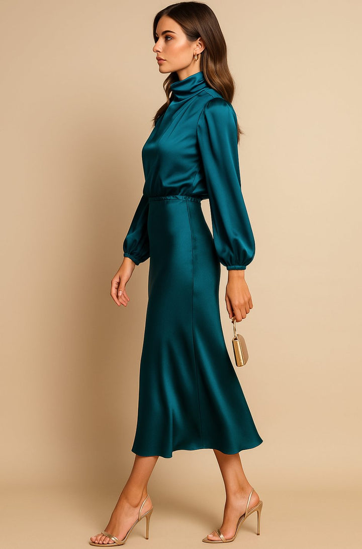 Charlotte | Women's High-Waist Mock-Neck Satin Balloon-Sleeve Midi Dress