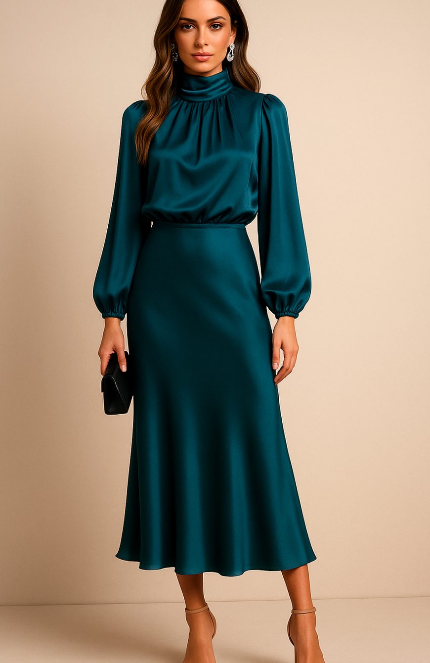 Charlotte | Women's High-Waist Mock-Neck Satin Balloon-Sleeve Midi Dress
