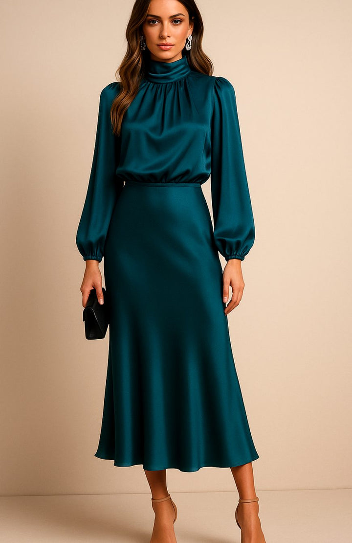 Charlotte | Women's High-Waist Mock-Neck Satin Balloon-Sleeve Midi Dress