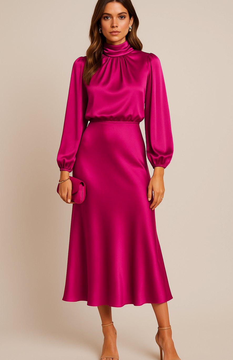 Charlotte | Women's High-Waist Mock-Neck Satin Balloon-Sleeve Midi Dress