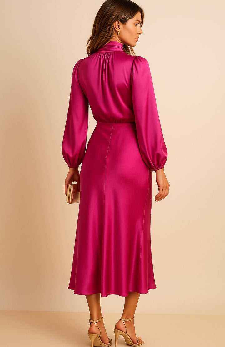 Charlotte | Women's High-Waist Mock-Neck Satin Balloon-Sleeve Midi Dress