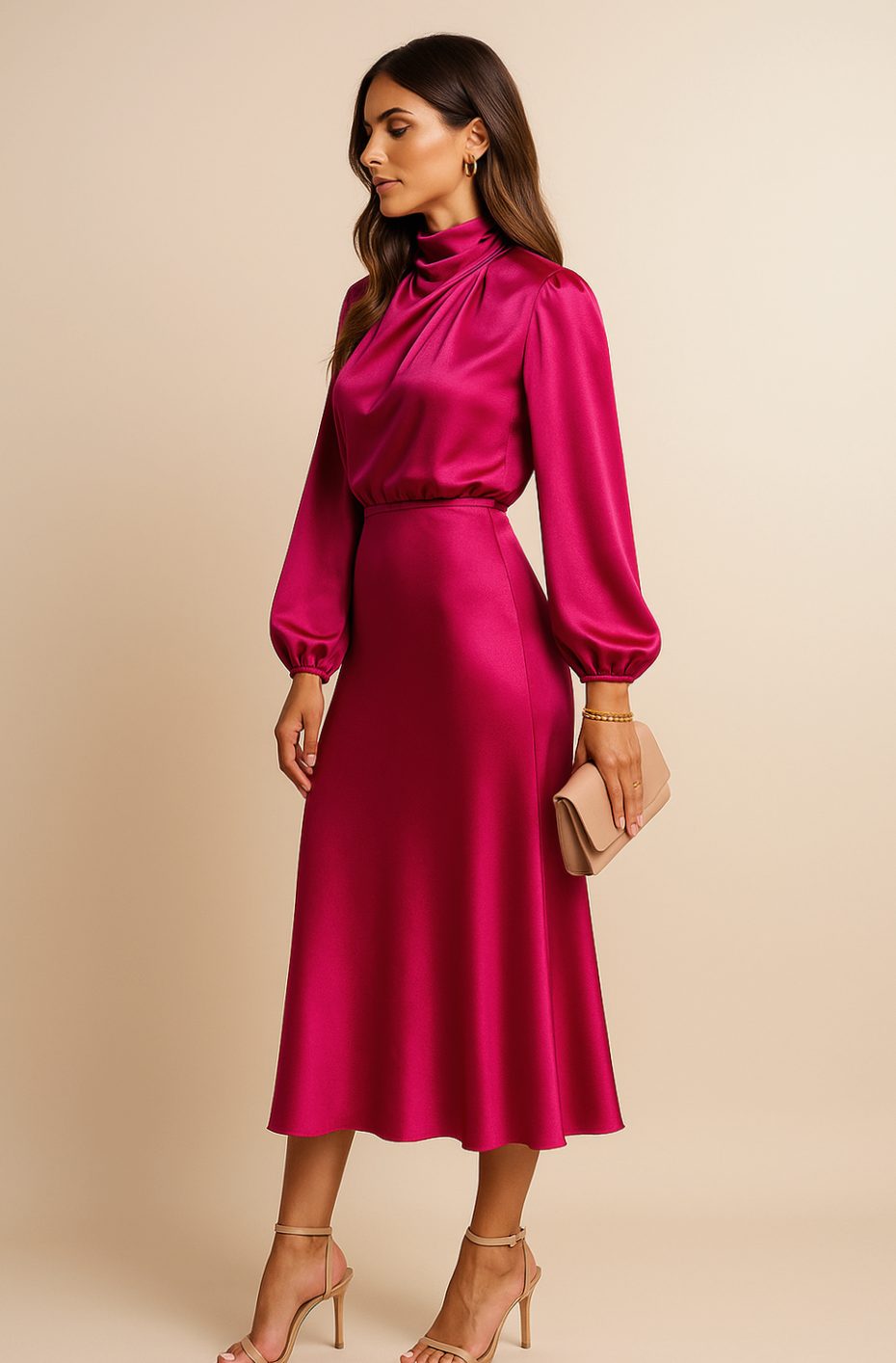 Charlotte | Women's High-Waist Mock-Neck Satin Balloon-Sleeve Midi Dress