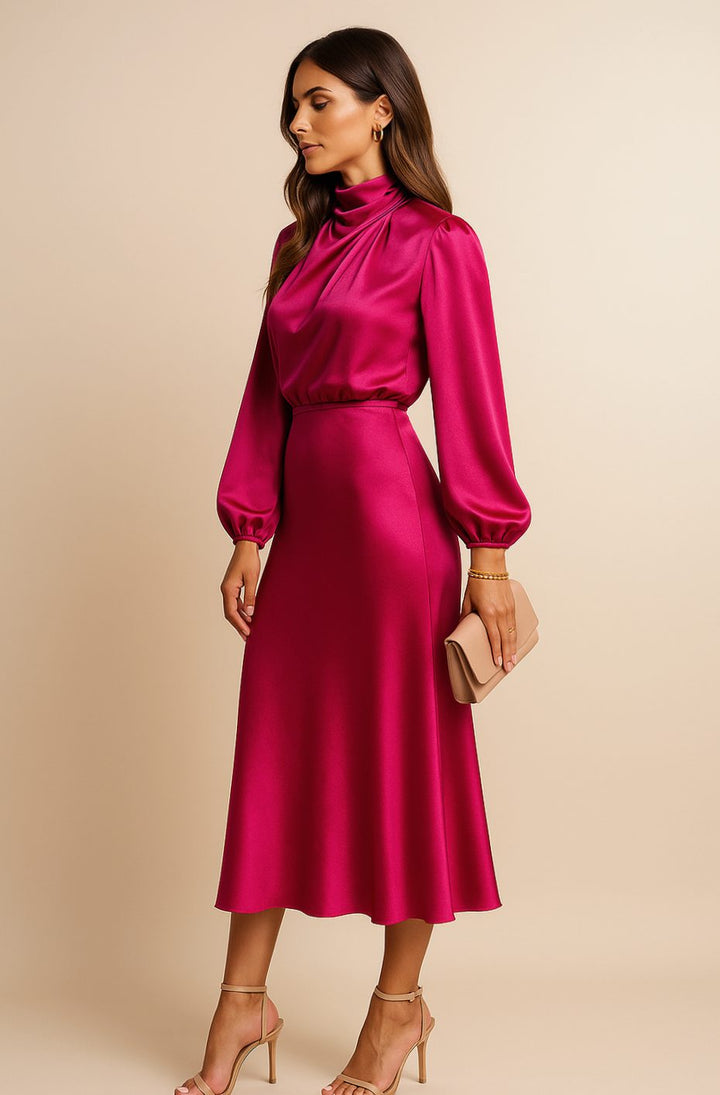Charlotte | Women's High-Waist Mock-Neck Satin Balloon-Sleeve Midi Dress