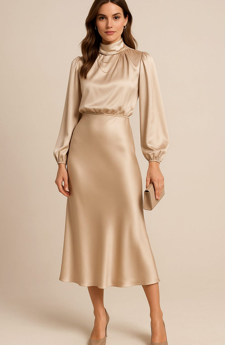 Charlotte | Women's High-Waist Mock-Neck Satin Balloon-Sleeve Midi Dress