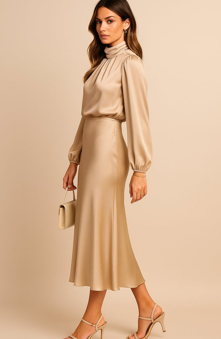 Charlotte | Women's High-Waist Mock-Neck Satin Balloon-Sleeve Midi Dress