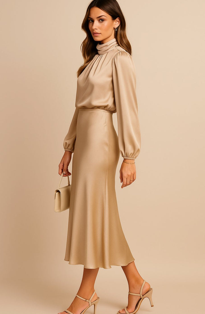 Charlotte | Women's High-Waist Mock-Neck Satin Balloon-Sleeve Midi Dress