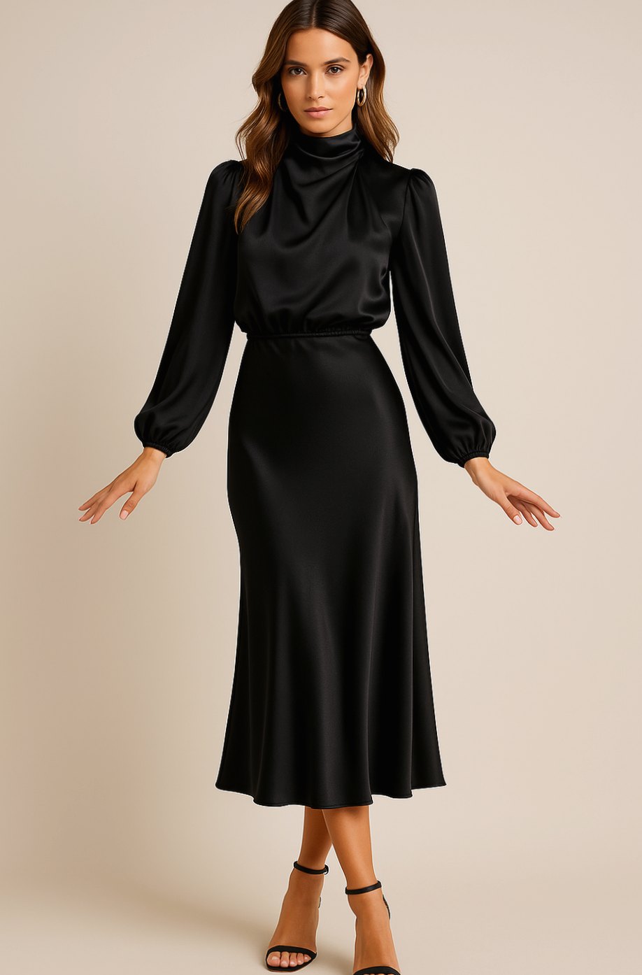Charlotte | Women's High-Waist Mock-Neck Satin Balloon-Sleeve Midi Dress