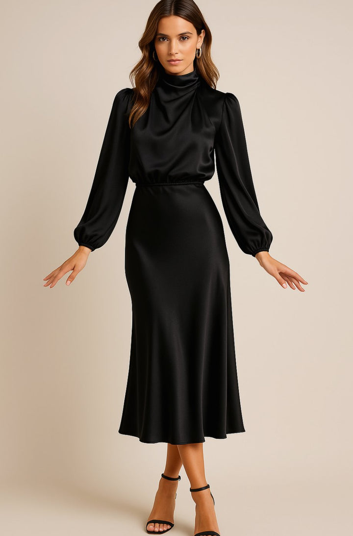 Charlotte | Women's High-Waist Mock-Neck Satin Balloon-Sleeve Midi Dress