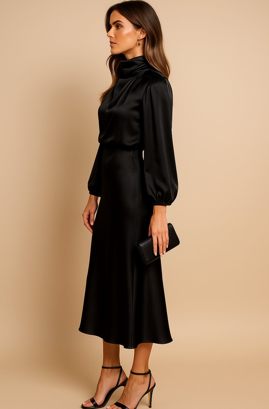 Charlotte | Women's High-Waist Mock-Neck Satin Balloon-Sleeve Midi Dress