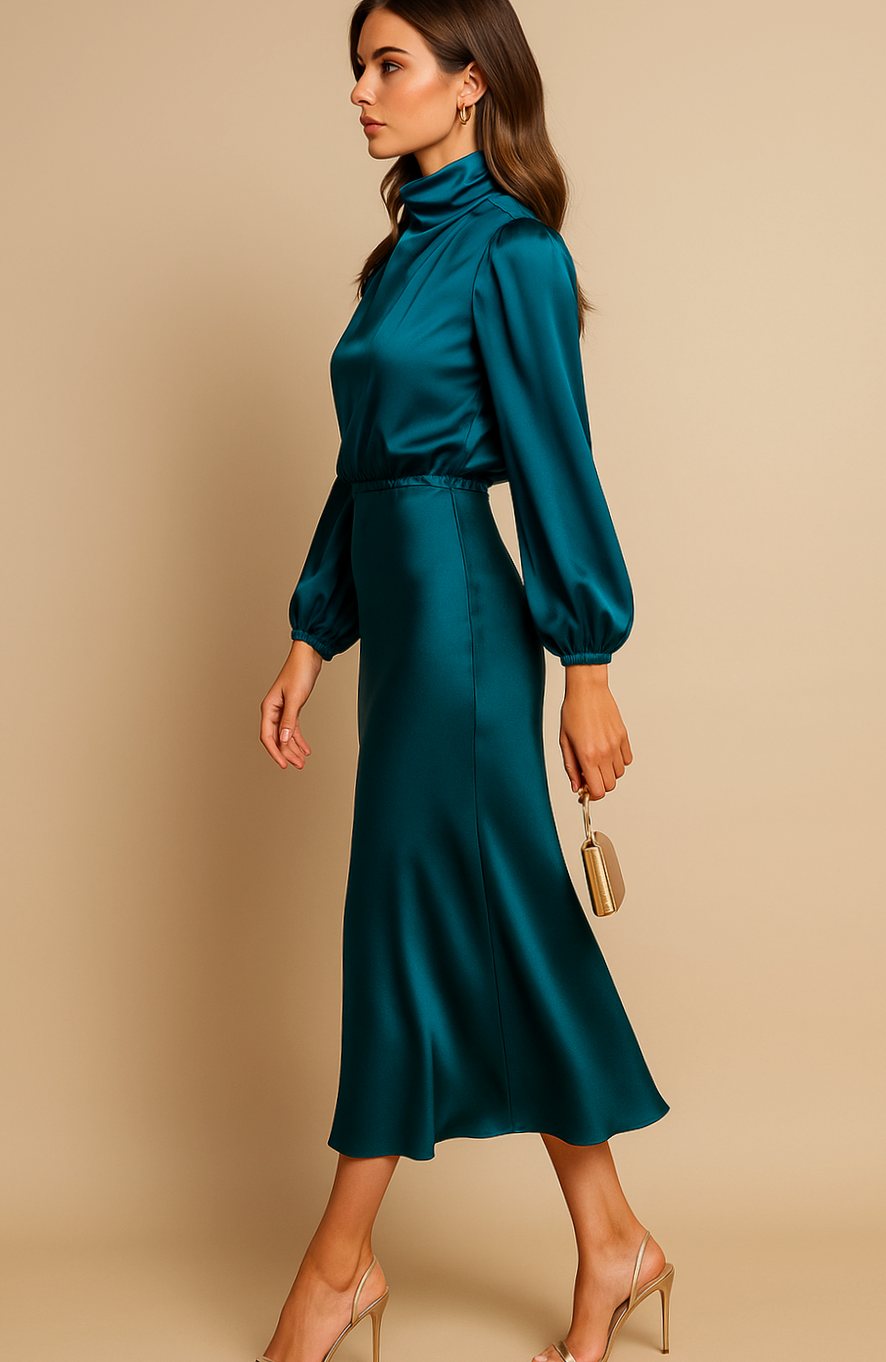 Charlotte | Women's High-Waist Mock-Neck Satin Balloon-Sleeve Midi Dress