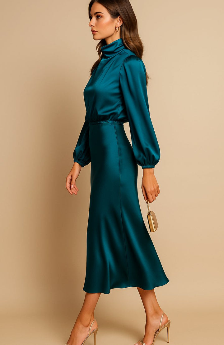 Charlotte | Women's High-Waist Mock-Neck Satin Balloon-Sleeve Midi Dress