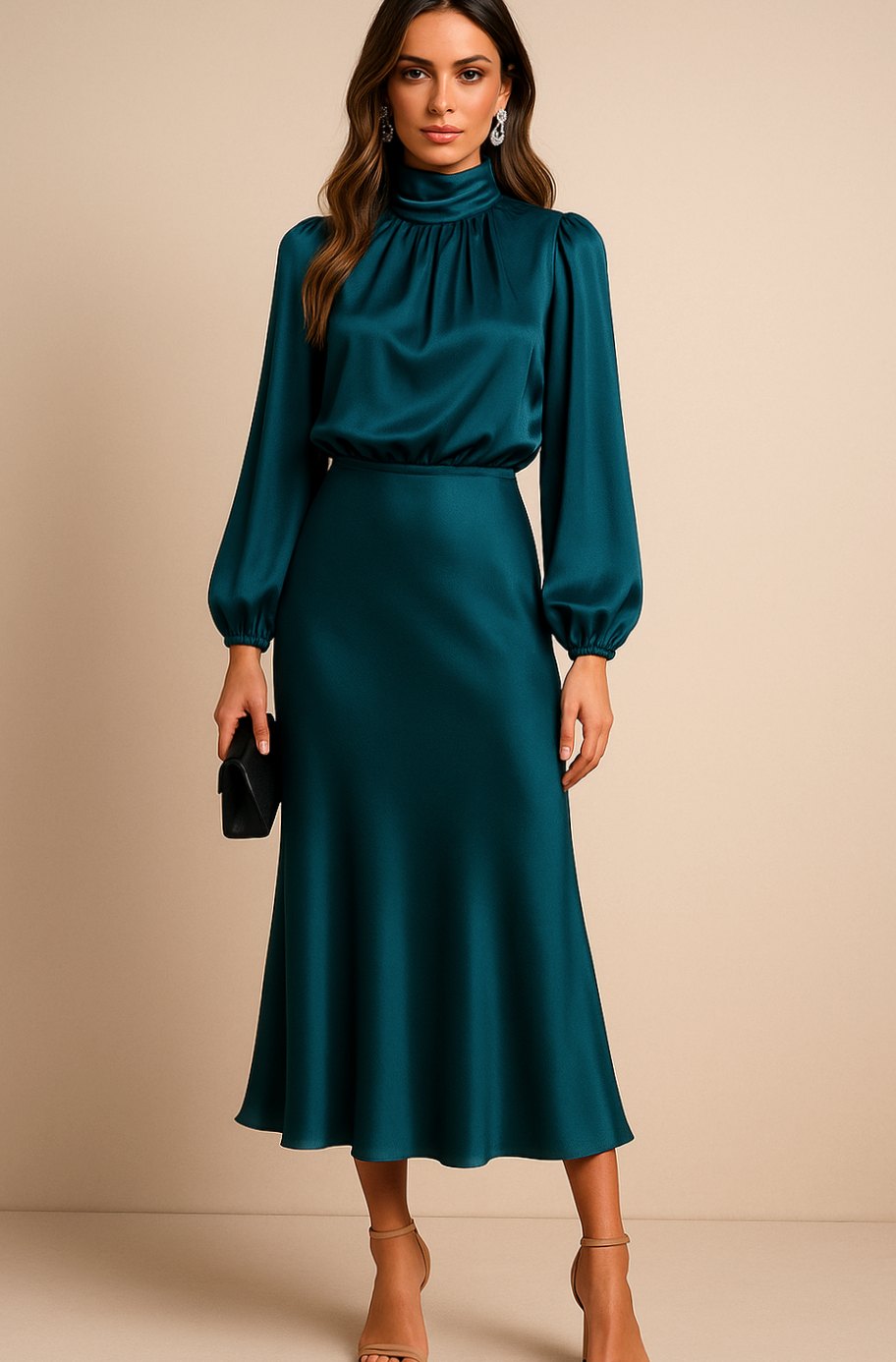 Charlotte | Women's High-Waist Mock-Neck Satin Balloon-Sleeve Midi Dress