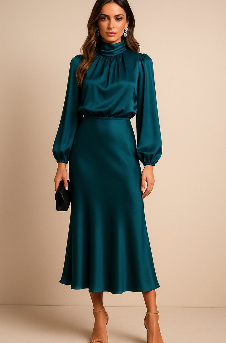 Charlotte | Women's High-Waist Mock-Neck Satin Balloon-Sleeve Midi Dress