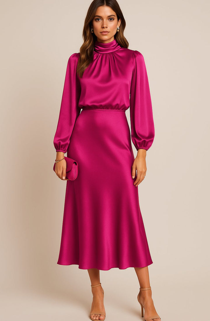 Charlotte | Women's High-Waist Mock-Neck Satin Balloon-Sleeve Midi Dress