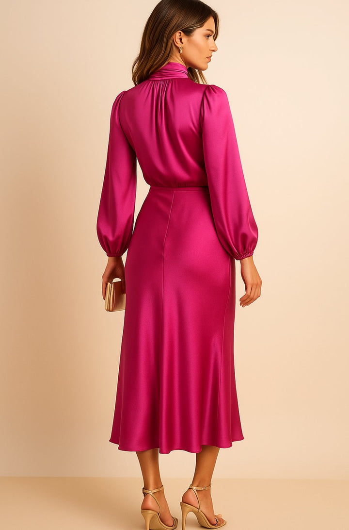 Charlotte | Women's High-Waist Mock-Neck Satin Balloon-Sleeve Midi Dress