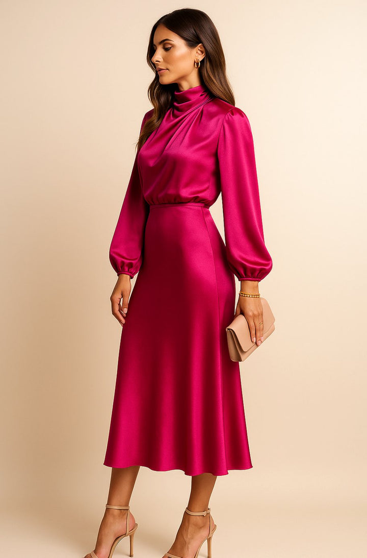 Charlotte | Women's High-Waist Mock-Neck Satin Balloon-Sleeve Midi Dress