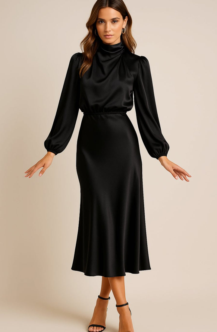 Charlotte | Women's High-Waist Mock-Neck Satin Balloon-Sleeve Midi Dress