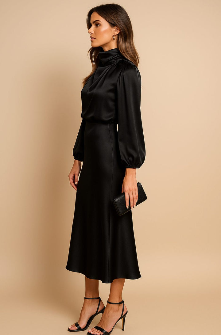 Charlotte | Women's High-Waist Mock-Neck Satin Balloon-Sleeve Midi Dress
