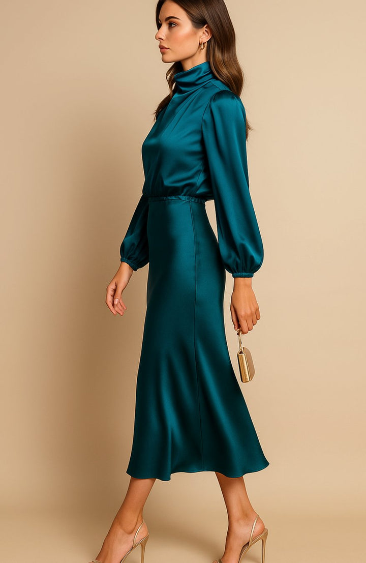 Charlotte | Women's High-Waist Mock-Neck Satin Balloon-Sleeve Midi Dress