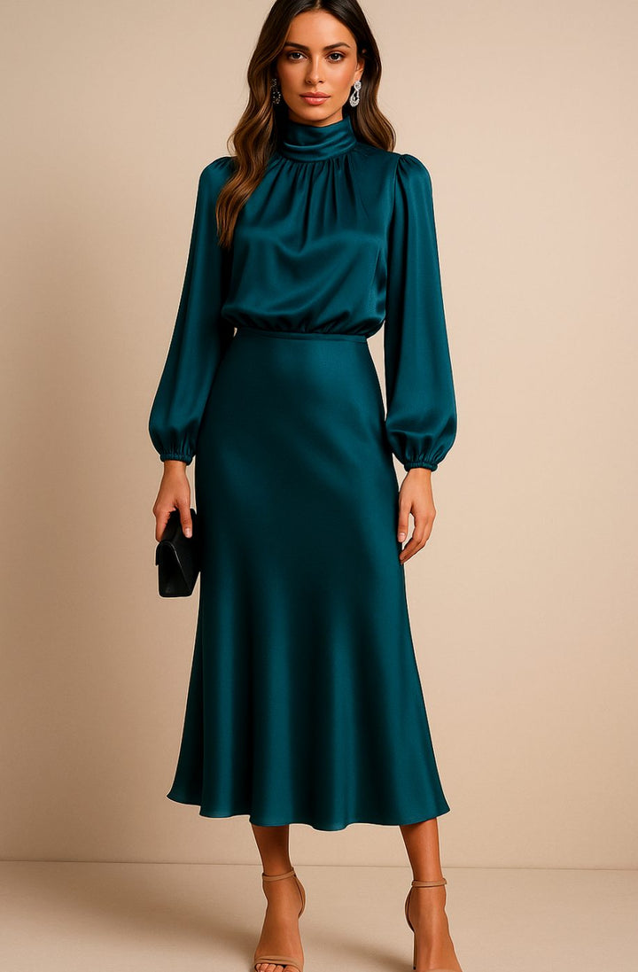 Charlotte | Women's High-Waist Mock-Neck Satin Balloon-Sleeve Midi Dress