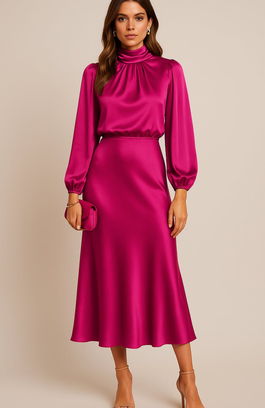 Charlotte | Women's High-Waist Mock-Neck Satin Balloon-Sleeve Midi Dress