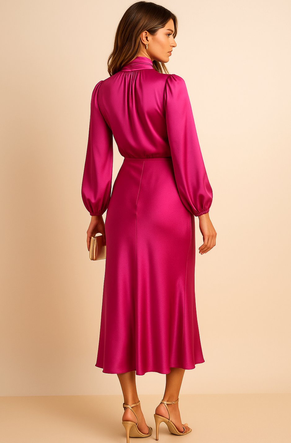 Charlotte | Women's High-Waist Mock-Neck Satin Balloon-Sleeve Midi Dress