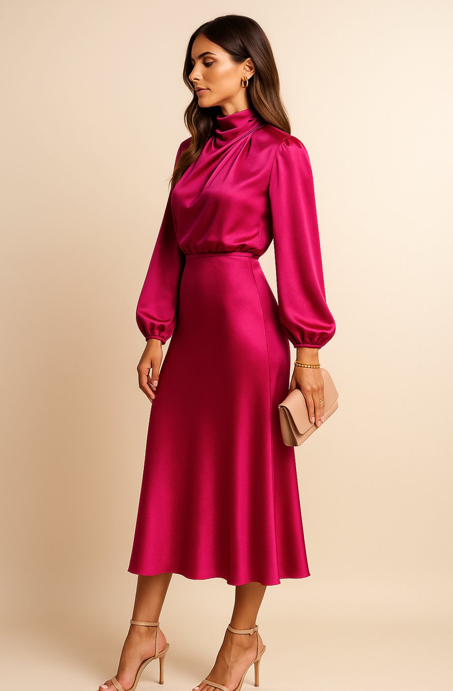 Charlotte | Women's High-Waist Mock-Neck Satin Balloon-Sleeve Midi Dress