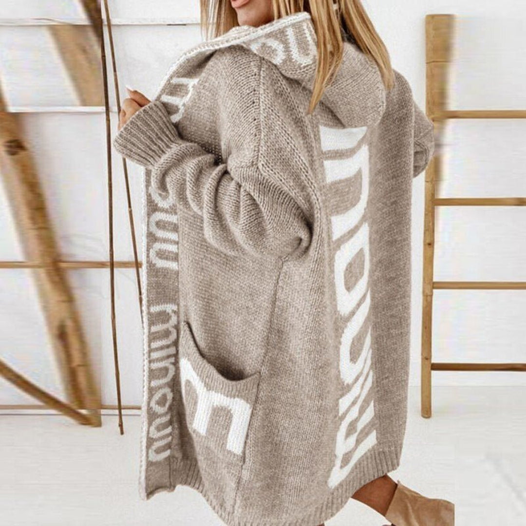 Harper | Women's Hooded Knit Open-Front Quilted Jacket Letter-Print Cardigan