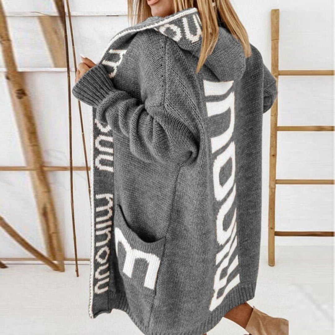 Harper | Women's Hooded Knit Open-Front Quilted Jacket Letter-Print Cardigan