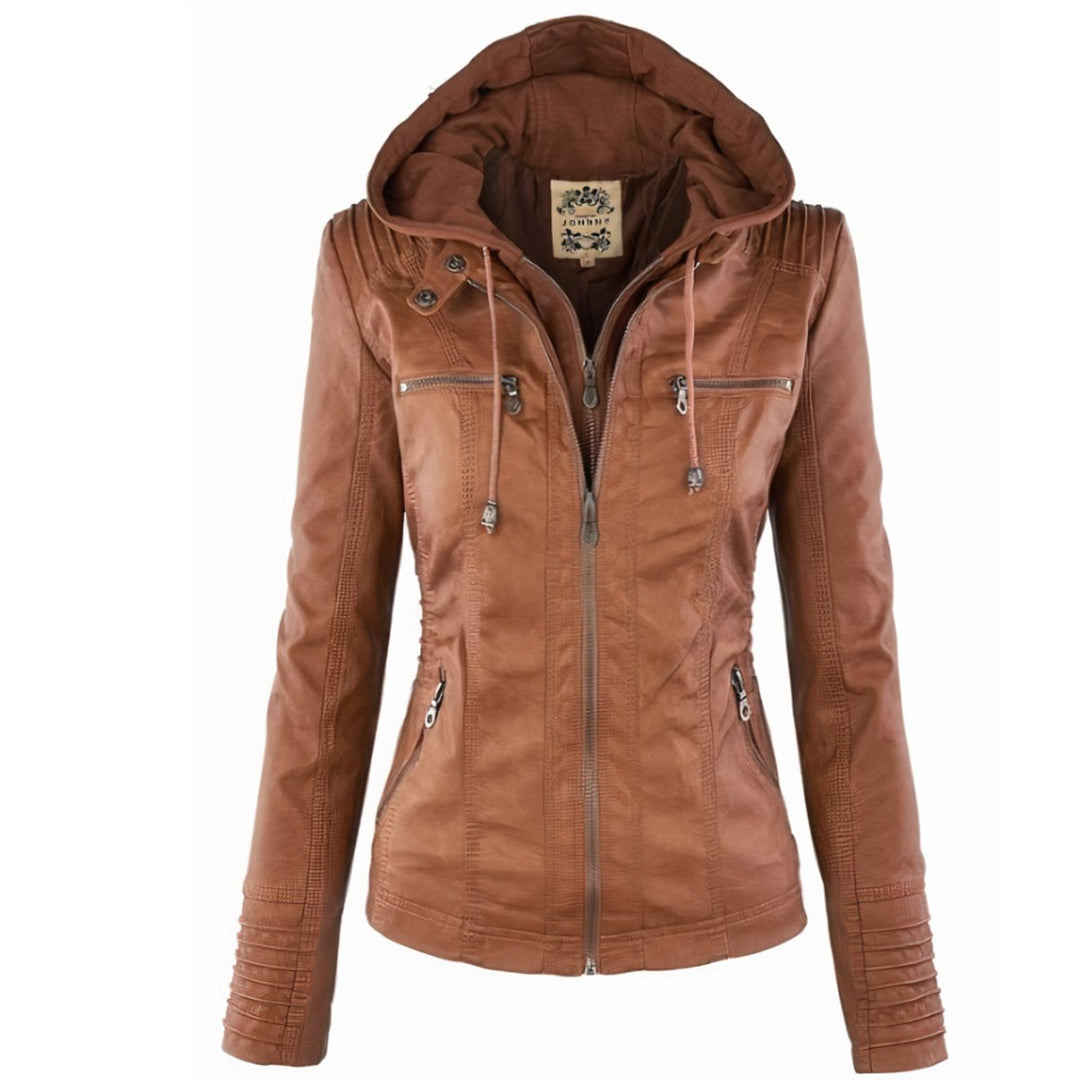 Riley | Women's Hooded Removable-Hood Faux Leather Moto Jacket