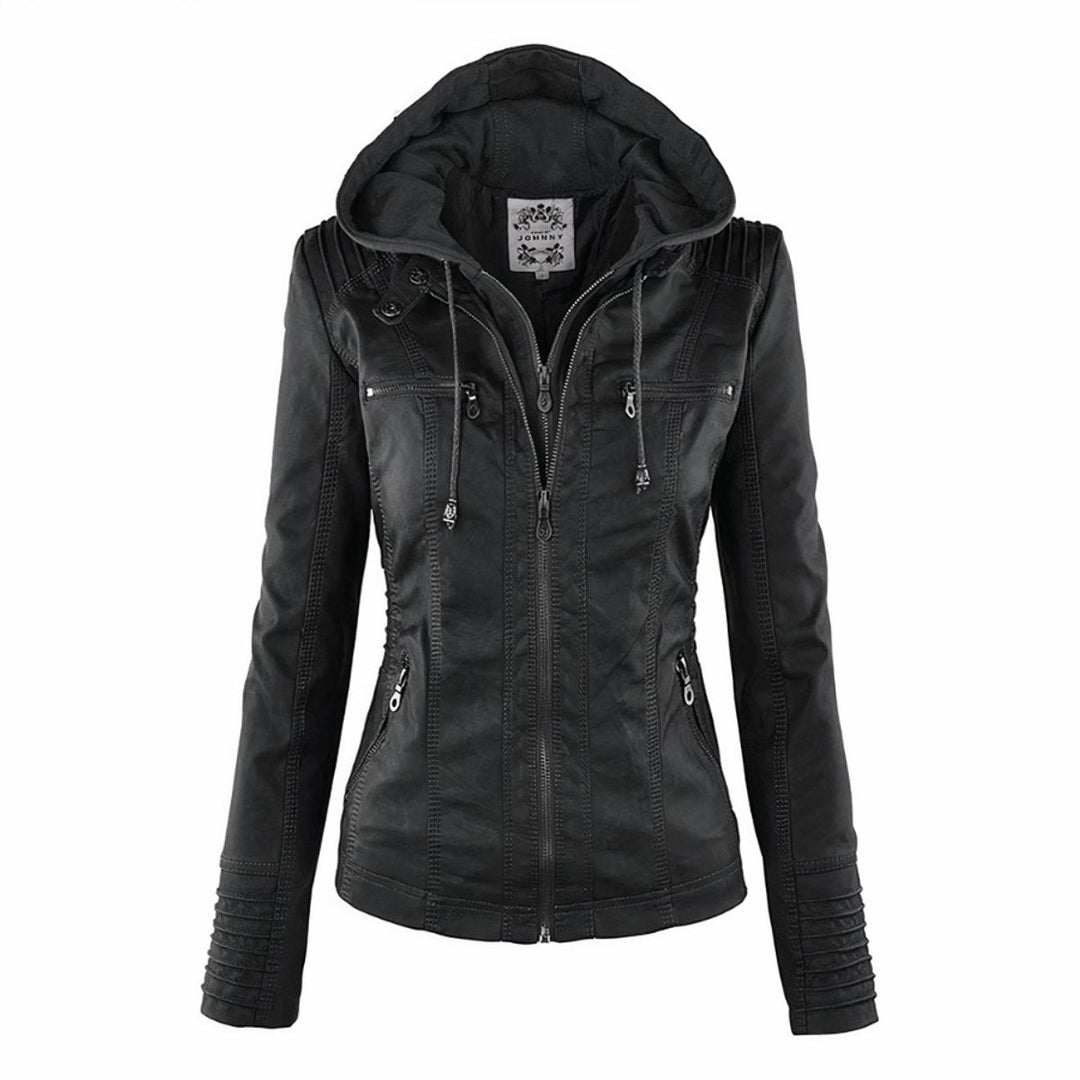 Riley | Women's Hooded Removable-Hood Faux Leather Moto Jacket