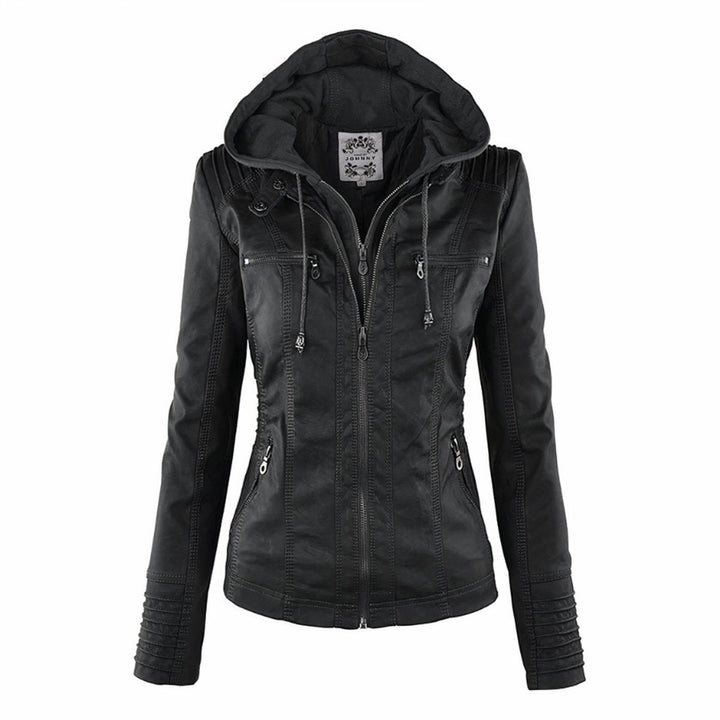 Riley | Women's Hooded Removable-Hood Faux Leather Moto Jacket