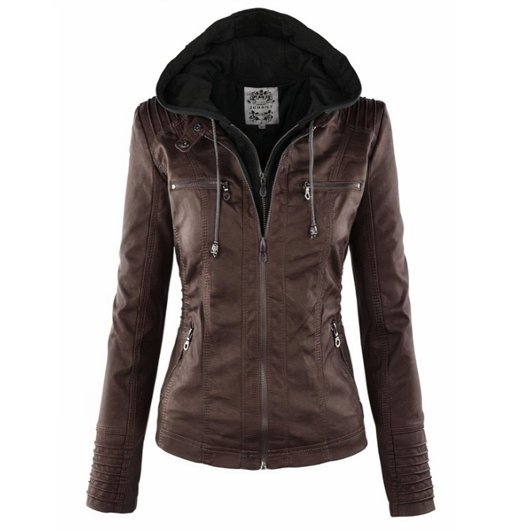 Riley | Women's Hooded Removable-Hood Faux Leather Moto Jacket