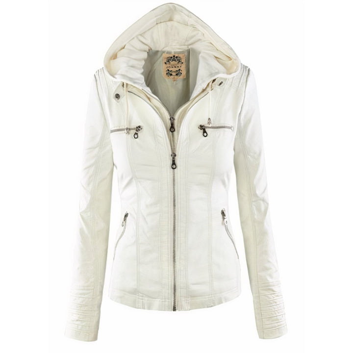 Riley | Women's Hooded Removable-Hood Faux Leather Moto Jacket