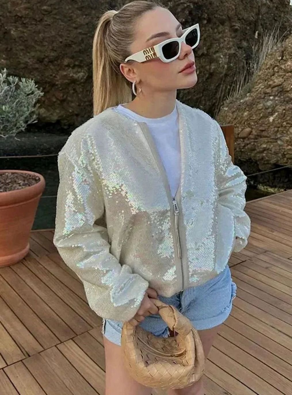 Charlotte | Women's Iridescent Sequin Zip-Up Light Bomber Jacket