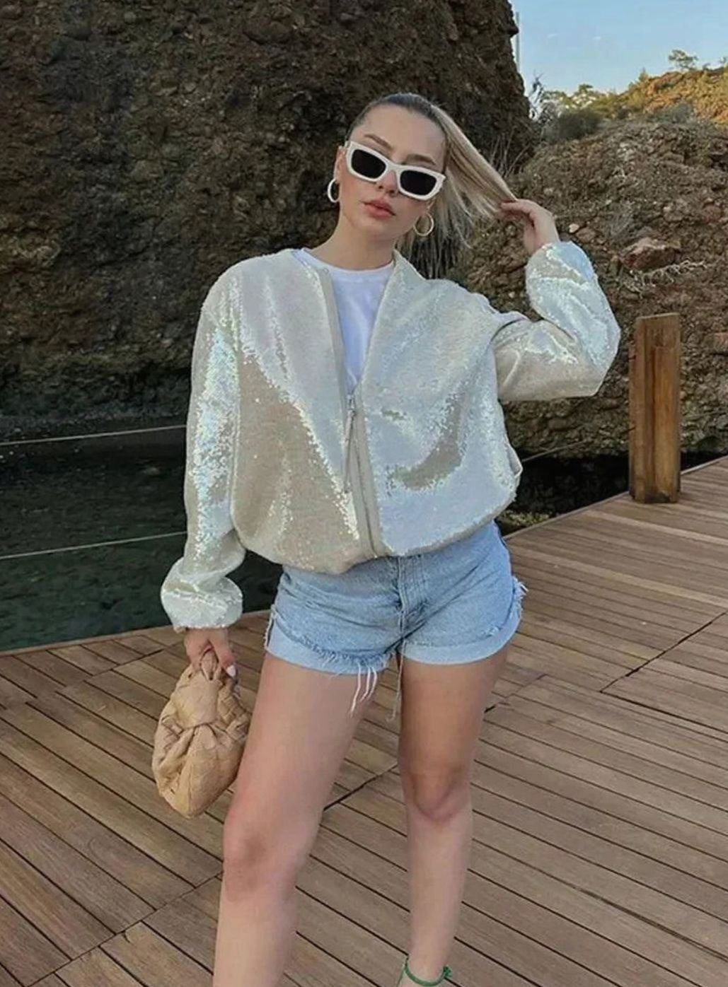 Charlotte | Women's Iridescent Sequin Zip-Up Light Bomber Jacket