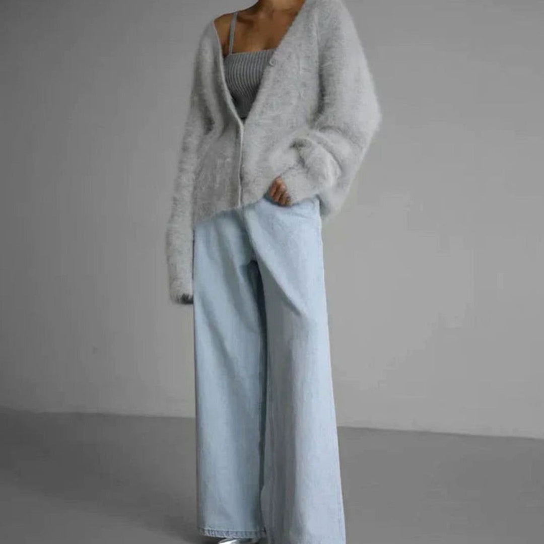 Isabella | Women's Jumper Fluffy V-Neck Button-Front Oversized Cardigan