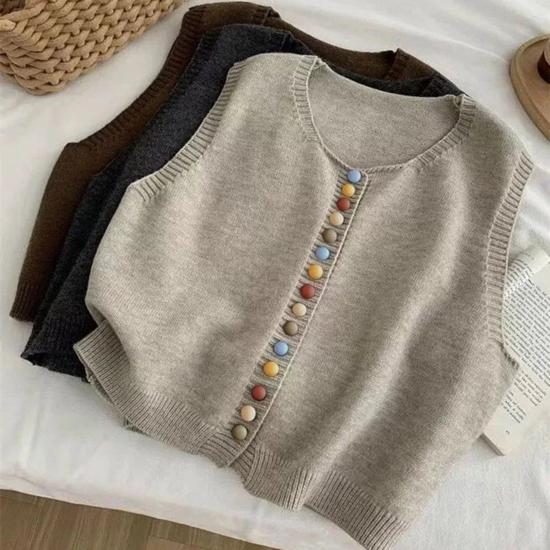 Charlotte | Women's Knit Button-Front Sleeveless Vest Cropped Cardigan