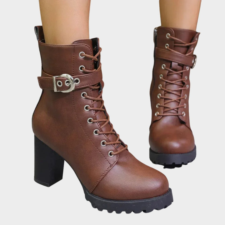Riley | Women's Lace-Up Block-Heel Combat Ankle Boots Buckle Strap