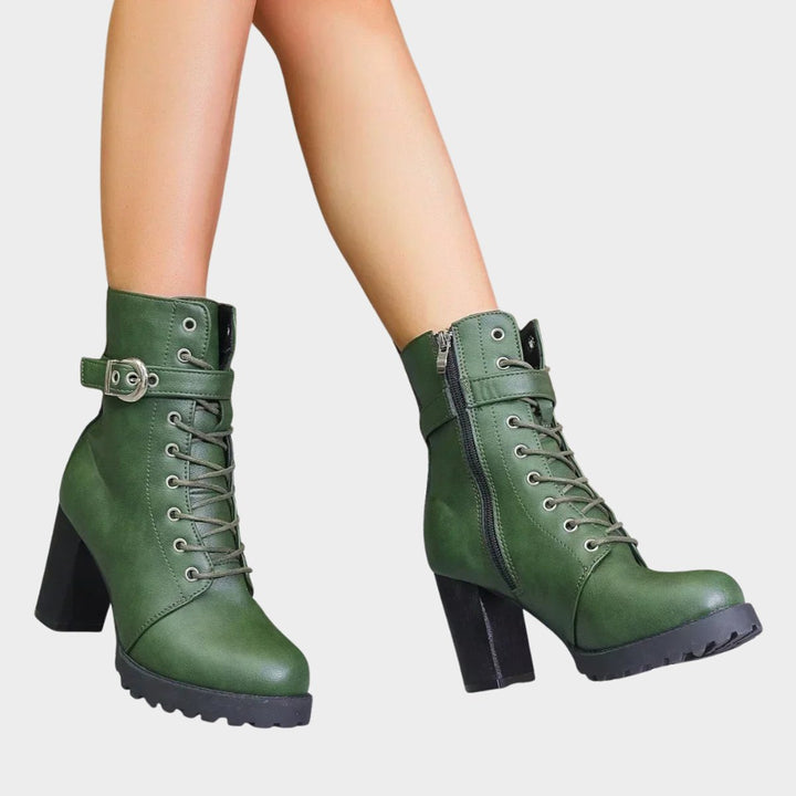 Riley | Women's Lace-Up Block-Heel Combat Ankle Boots Buckle Strap