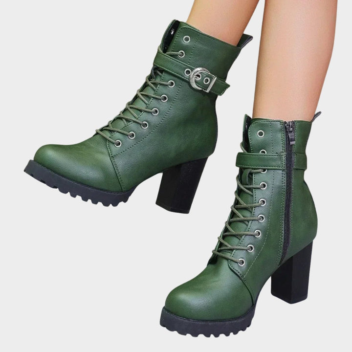 Riley | Women's Lace-Up Block-Heel Combat Ankle Boots Buckle Strap