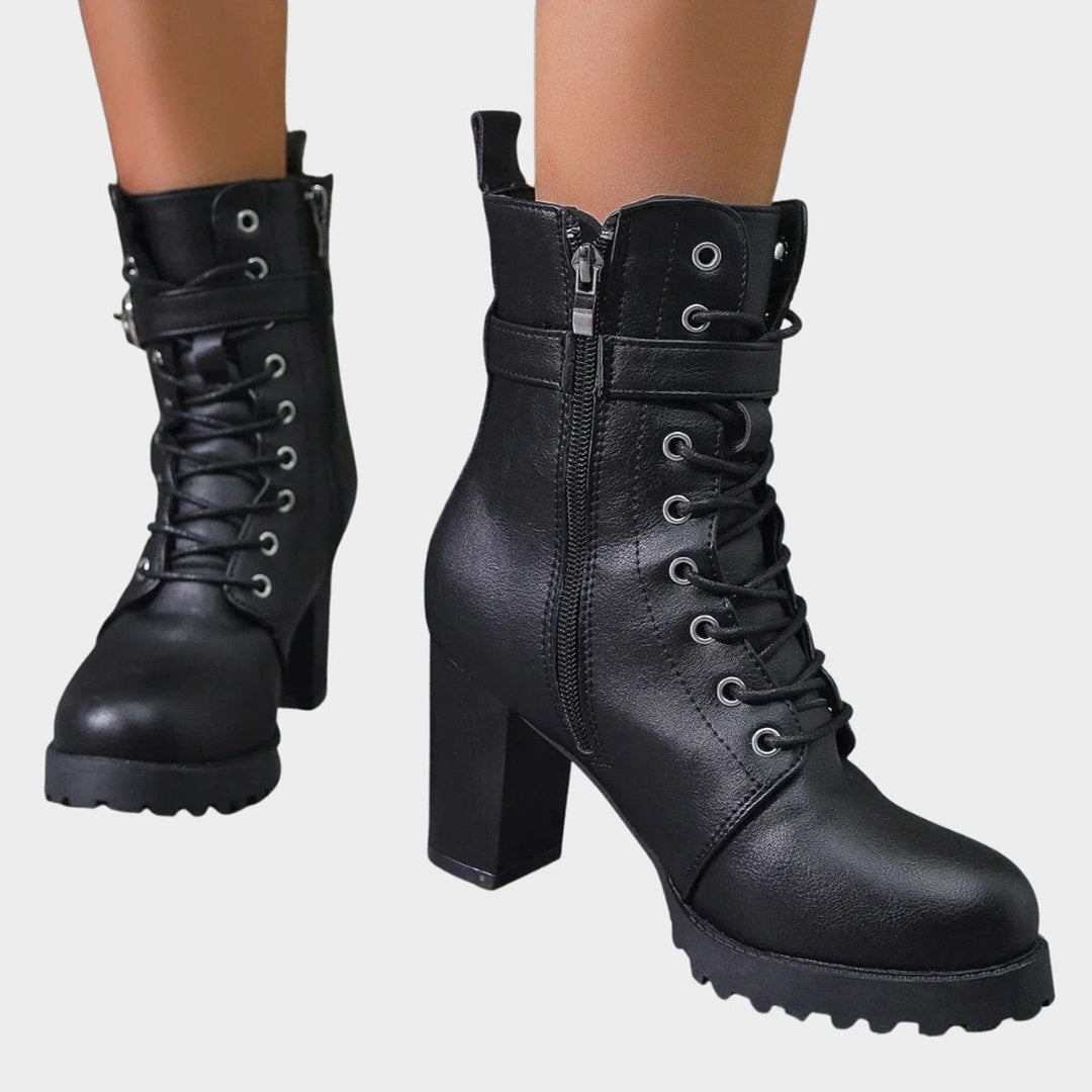 Riley | Women's Lace-Up Block-Heel Combat Ankle Boots Buckle Strap