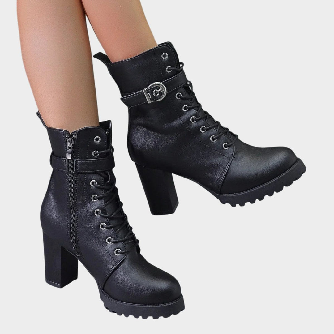 Riley | Women's Lace-Up Block-Heel Combat Ankle Boots Buckle Strap