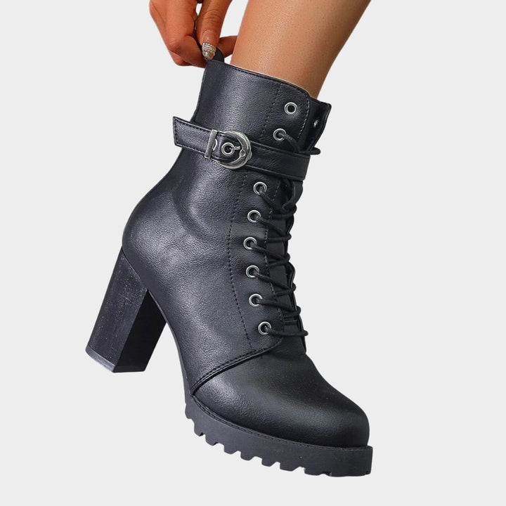 Riley | Women's Lace-Up Block-Heel Combat Ankle Boots Buckle Strap